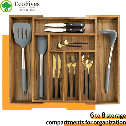Luxury Acacia Kitchen Drawer Organizer - Silverware Organizer - Utensil Holder and Cutlery Tray with Grooved Drawer Dividers for Flatware and Kitchen Utensils (8 Slot), 17*12.4*2 inch