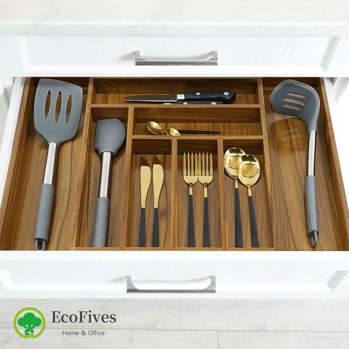 Luxury Acacia Kitchen Drawer Organizer - Silverware Organizer - Utensil Holder and Cutlery Tray with Grooved Drawer Dividers for Flatware and Kitchen Utensils (8 Slot), 17*12.4*2 inch