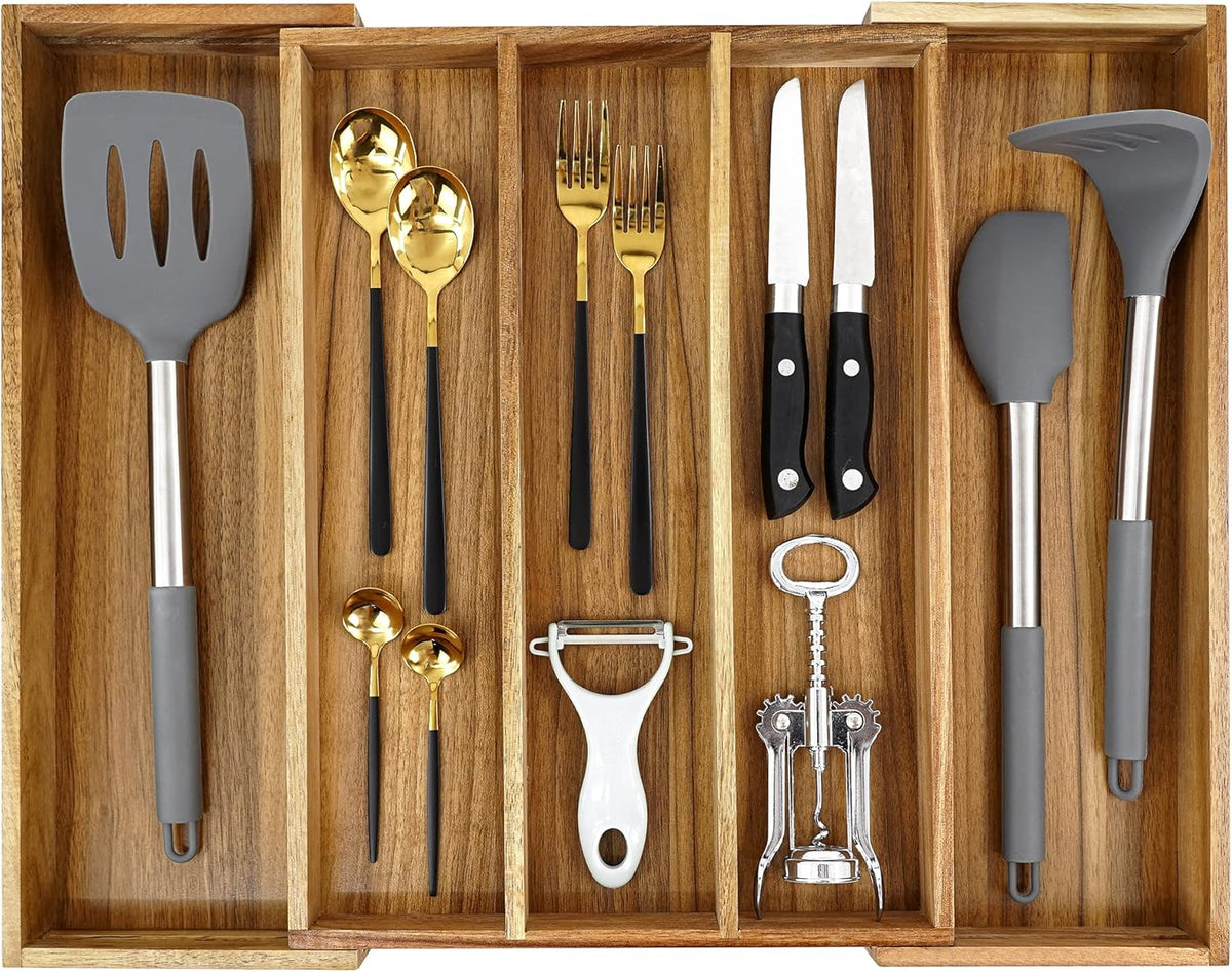 Luxury Acacia Kitchen Drawer Organizer - Silverware Organizer - Utensil Holder and Cutlery Tray with Grooved Drawer Dividers for Flatware and Kitchen Utensils (8 Slot), 17*12.4*2 inch