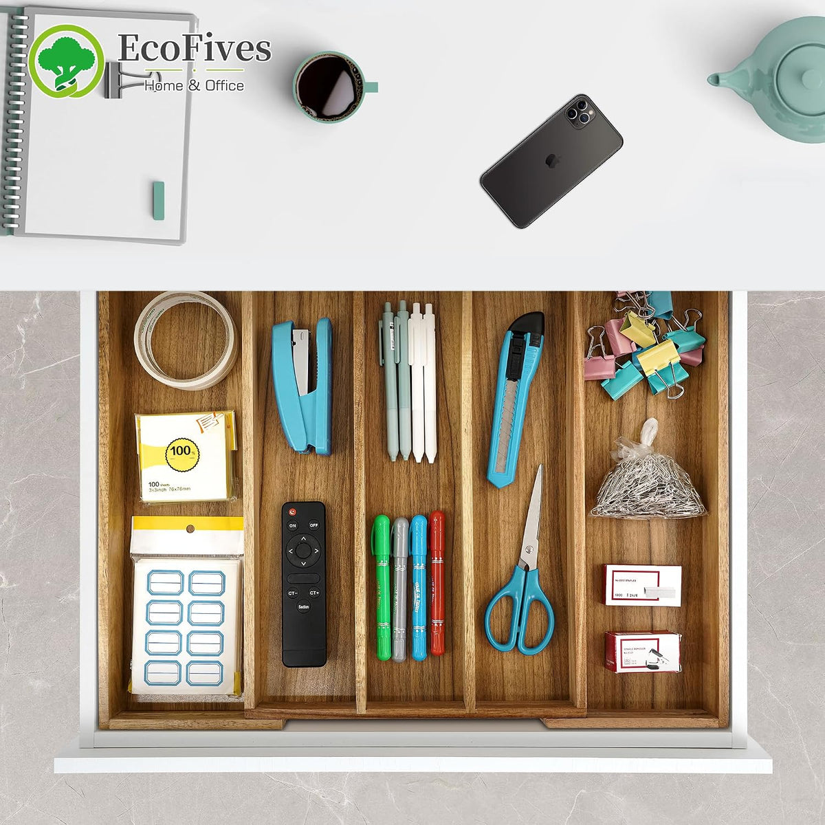 Luxury Acacia Kitchen Drawer Organizer - Silverware Organizer - Utensil Holder and Cutlery Tray with Grooved Drawer Dividers for Flatware and Kitchen Utensils (8 Slot), 17*12.4*2 inch