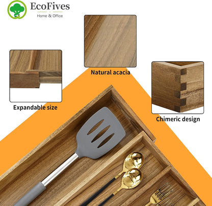 Luxury Acacia Kitchen Drawer Organizer - Silverware Organizer - Utensil Holder and Cutlery Tray with Grooved Drawer Dividers for Flatware and Kitchen Utensils (8 Slot), 17*12.4*2 inch