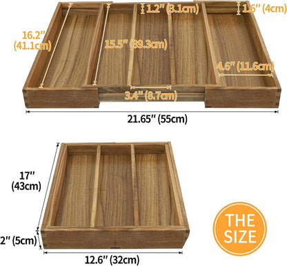 Luxury Acacia Kitchen Drawer Organizer - Silverware Organizer - Utensil Holder and Cutlery Tray with Grooved Drawer Dividers for Flatware and Kitchen Utensils (8 Slot), 17*12.4*2 inch