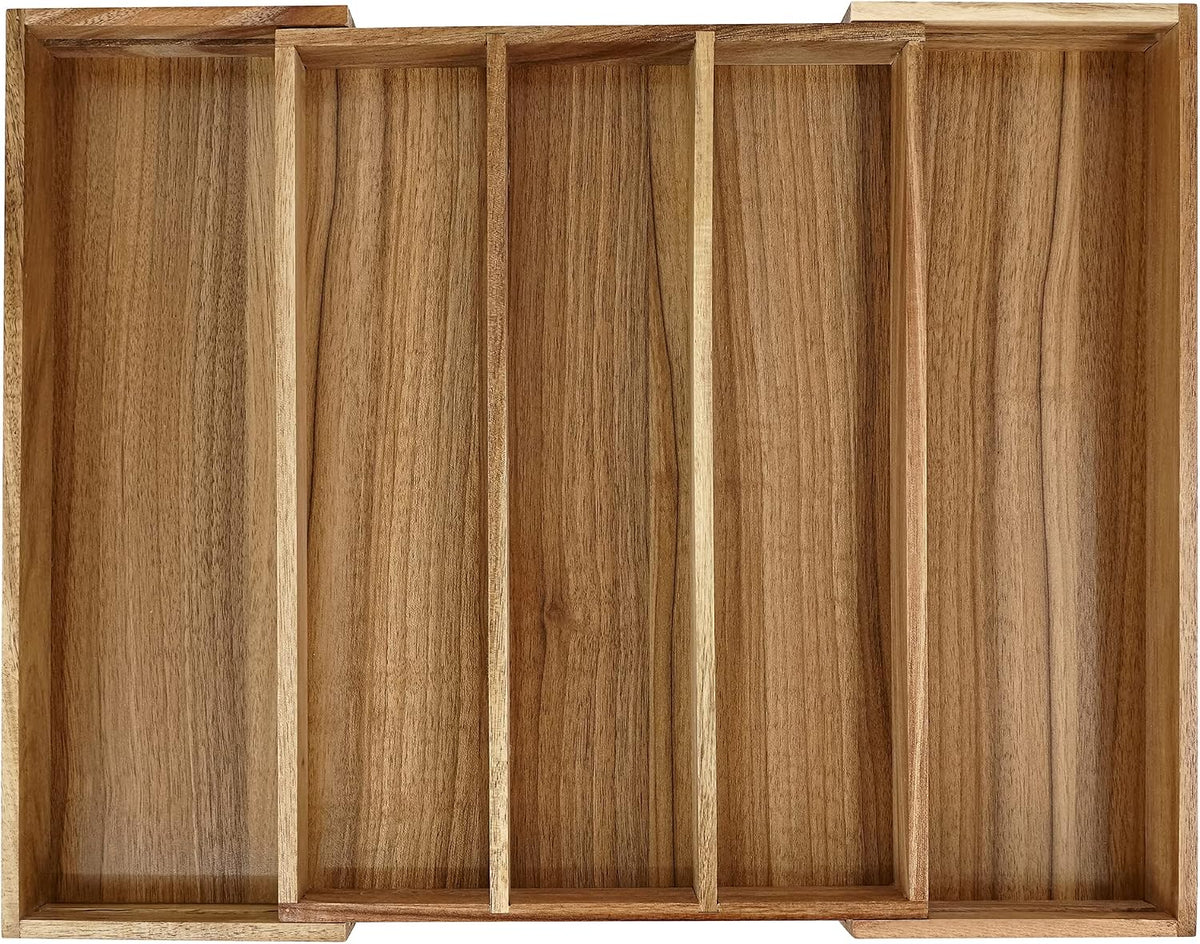 Luxury Acacia Kitchen Drawer Organizer - Silverware Organizer - Utensil Holder and Cutlery Tray with Grooved Drawer Dividers for Flatware and Kitchen Utensils (8 Slot), 17*12.4*2 inch