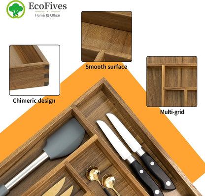 Luxury Acacia Kitchen Drawer Organizer - Silverware Organizer - Utensil Holder and Cutlery Tray with Grooved Drawer Dividers for Flatware and Kitchen Utensils (8 Slot), 17*12.4*2 inch