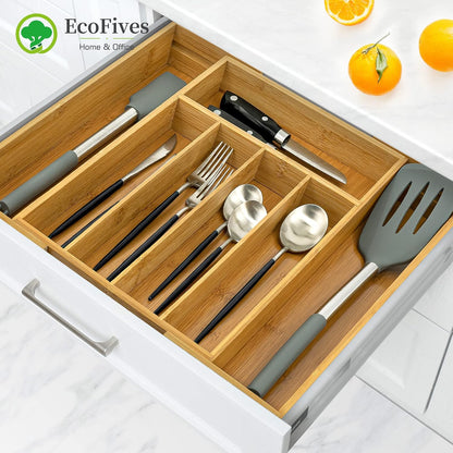 Luxury Acacia Kitchen Drawer Organizer - Silverware Organizer - Utensil Holder and Cutlery Tray with Grooved Drawer Dividers for Flatware and Kitchen Utensils (8 Slot), 17*12.4*2 inch