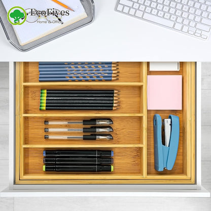 Luxury Acacia Kitchen Drawer Organizer - Silverware Organizer - Utensil Holder and Cutlery Tray with Grooved Drawer Dividers for Flatware and Kitchen Utensils (8 Slot), 17*12.4*2 inch
