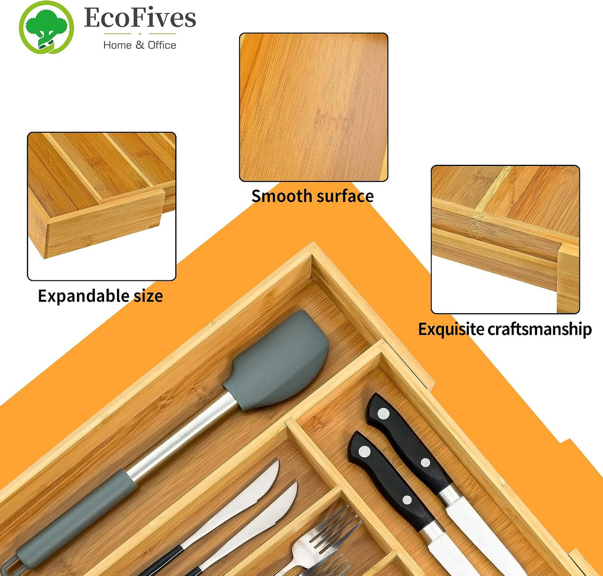 Luxury Acacia Kitchen Drawer Organizer - Silverware Organizer - Utensil Holder and Cutlery Tray with Grooved Drawer Dividers for Flatware and Kitchen Utensils (8 Slot), 17*12.4*2 inch