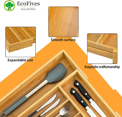 Luxury Acacia Kitchen Drawer Organizer - Silverware Organizer - Utensil Holder and Cutlery Tray with Grooved Drawer Dividers for Flatware and Kitchen Utensils (8 Slot), 17*12.4*2 inch