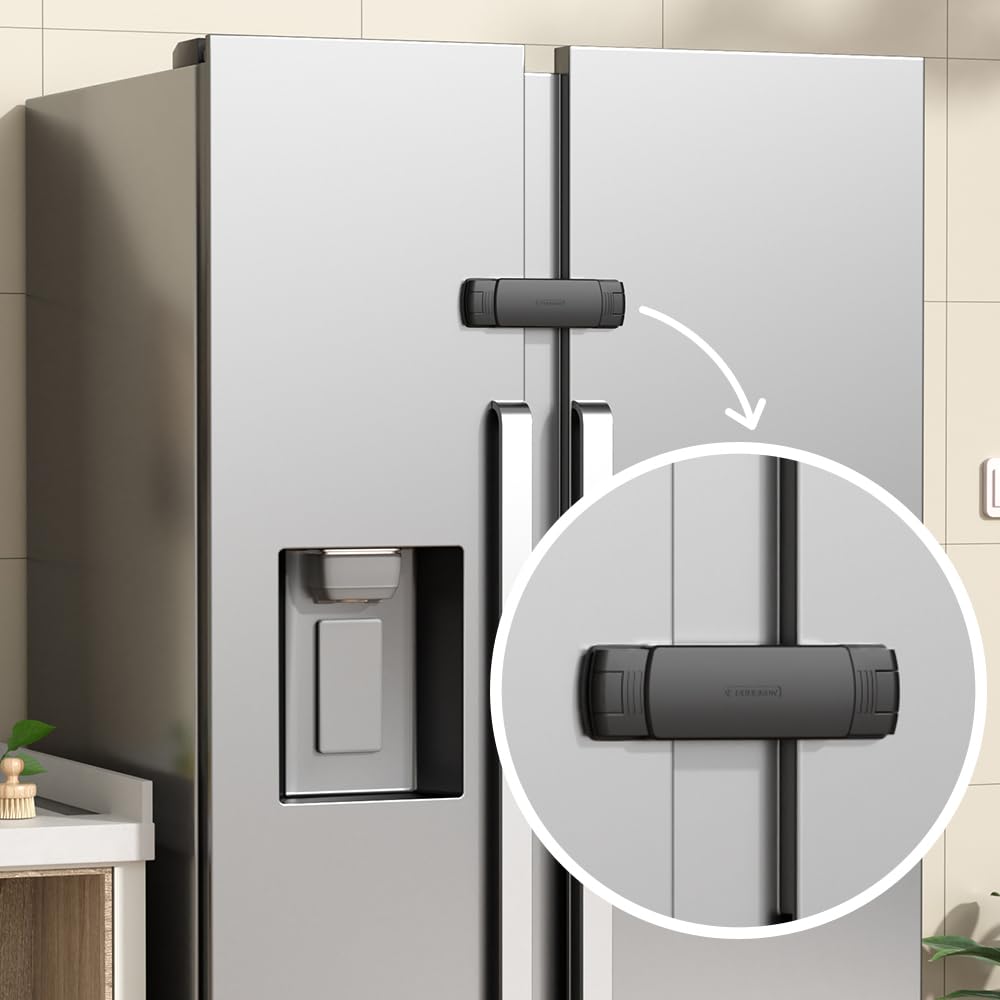 Mom's Choice Gold Awards Winner - 1 Pack Latest French Fridge Lock French Door Refrigerator/Freezer Lock Apply to Max 3.54"(90mm) Two Door Gap Distance for Kids & Babies,Easy to Install(Black)