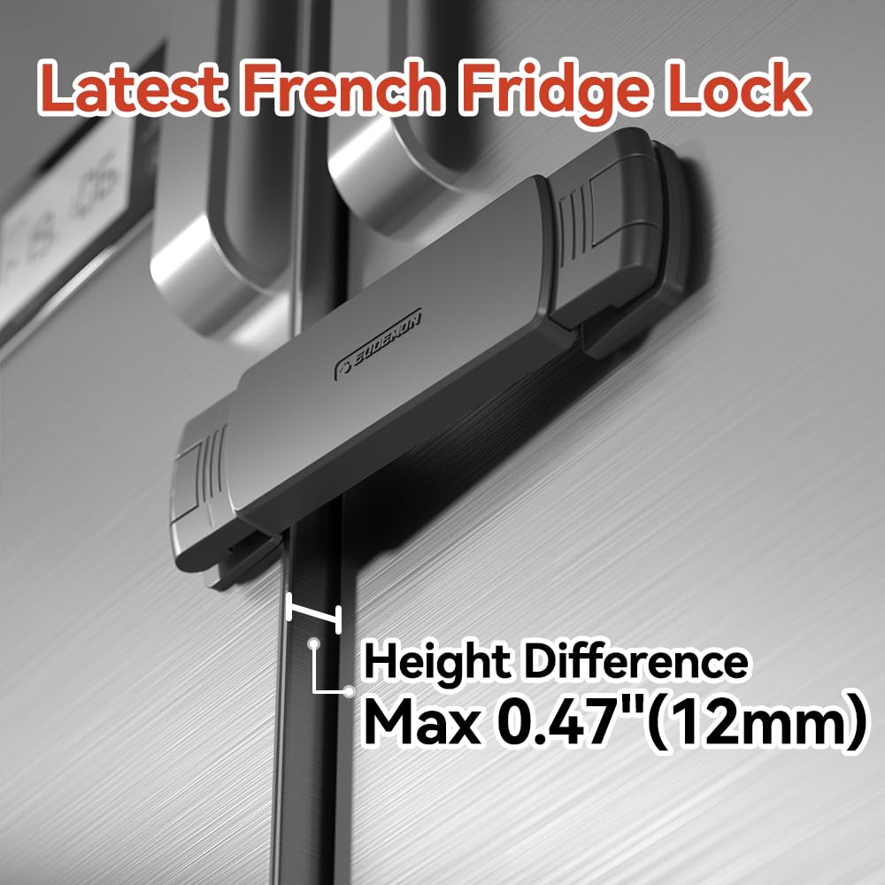 Mom's Choice Gold Awards Winner - 1 Pack Latest French Fridge Lock French Door Refrigerator/Freezer Lock Apply to Max 3.54"(90mm) Two Door Gap Distance for Kids & Babies,Easy to Install(Black)