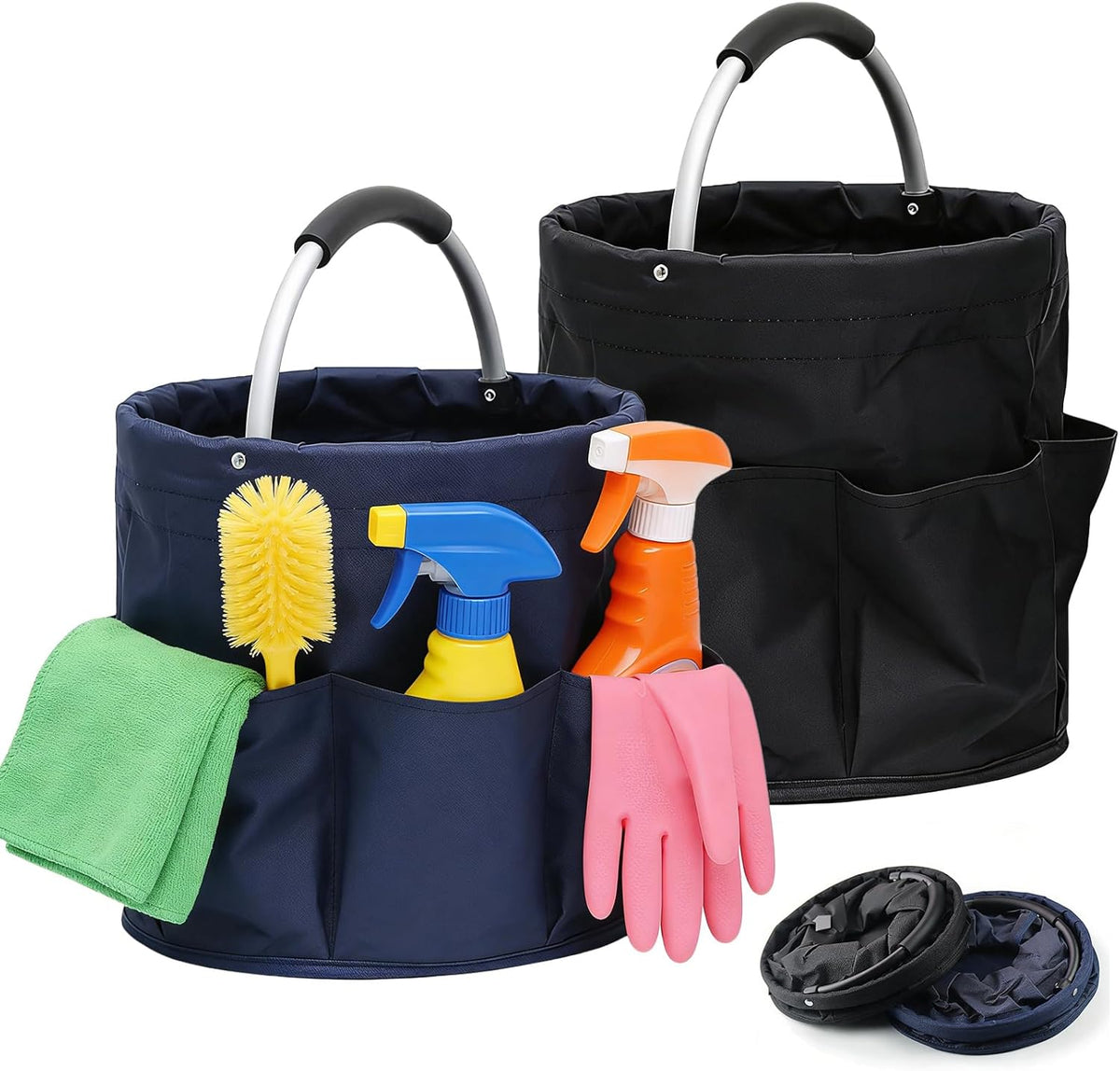 Tool Bucket Organizer 2-Pack, 17L Foldable Cleaner Caddy with 6 Pockets，Handle for Garden、Family and Bathroom, Can Also be Used as a Beach Basket or Shopping Basket，Black+Navy Blue