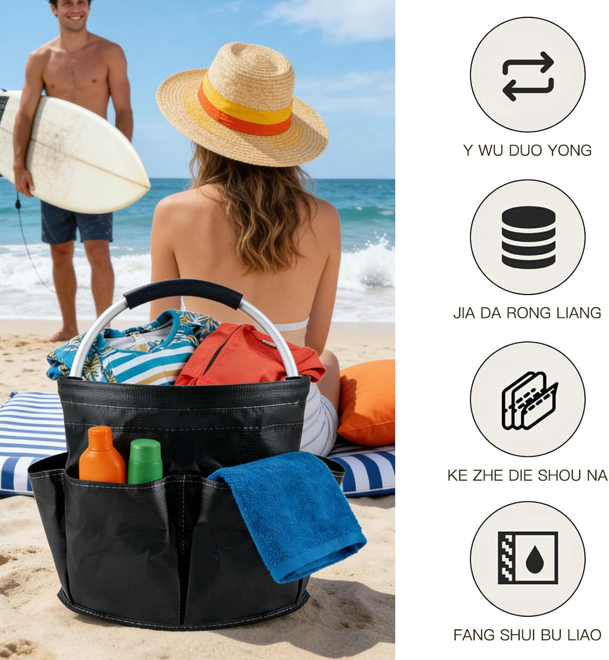 Tool Bucket Organizer 2-Pack, 17L Foldable Cleaner Caddy with 6 Pockets，Handle for Garden、Family and Bathroom, Can Also be Used as a Beach Basket or Shopping Basket，Black+Navy Blue