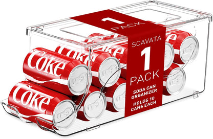 SCAVATA 2 Pack Stackable Refrigerator Organizer, Soda Can Dispenser Pop Cans Container Beverage Holder with Lid for Fridge, Freezer, Kitchen, Clear Plastic Storage Bins-Holds 10 Cans Each