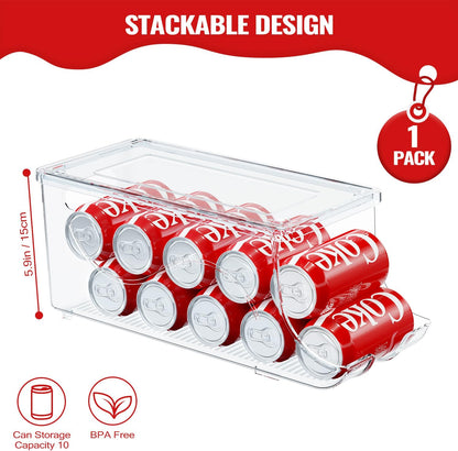 SCAVATA 2 Pack Stackable Refrigerator Organizer, Soda Can Dispenser Pop Cans Container Beverage Holder with Lid for Fridge, Freezer, Kitchen, Clear Plastic Storage Bins-Holds 10 Cans Each