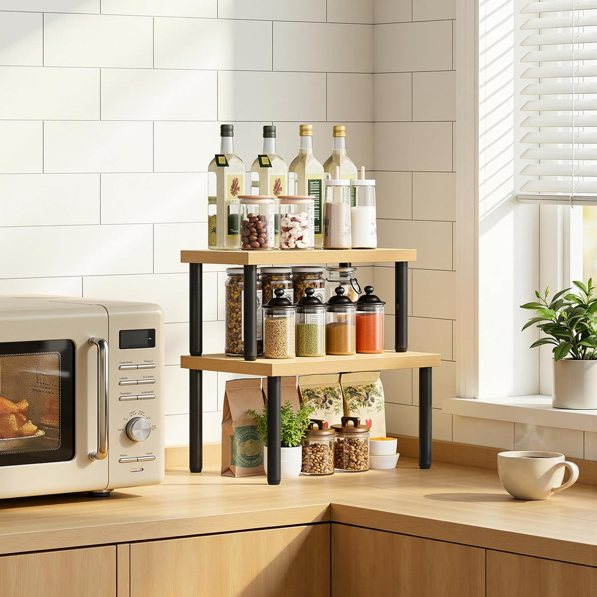 Cabinet Organizer Shelf, kitchen countertop organizer, Kitchen Storage, Spice Rack for cabinet, Stackable, Expandable, for Countertop,kitchen,cabinet, White and Natural WN15TL01