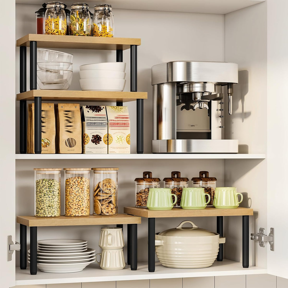 Cabinet Organizer Shelf, kitchen countertop organizer, Kitchen Storage, Spice Rack for cabinet, Stackable, Expandable, for Countertop,kitchen,cabinet, White and Natural WN15TL01
