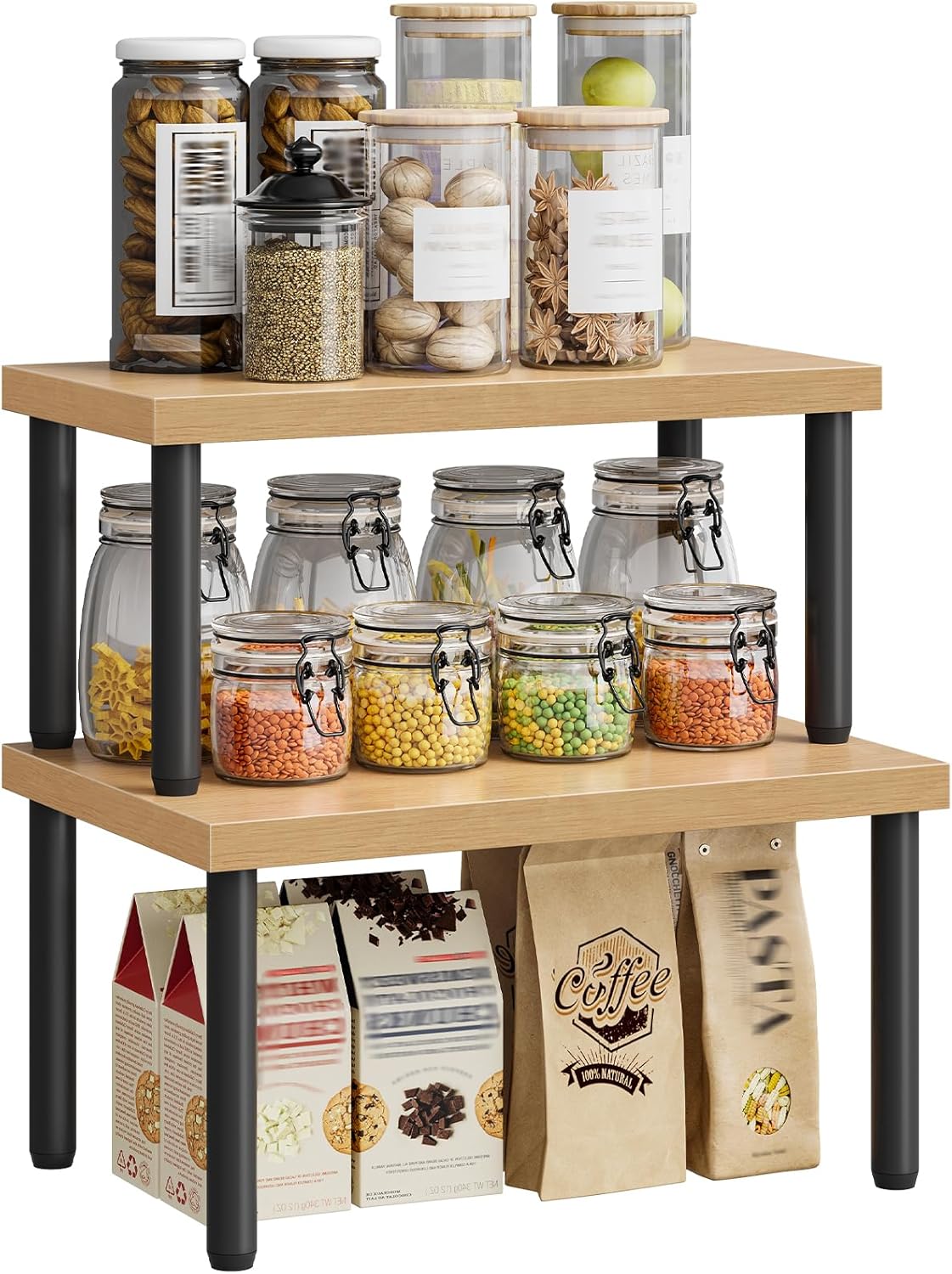 Cabinet Organizer Shelf, kitchen countertop organizer, Kitchen Storage, Spice Rack for cabinet, Stackable, Expandable, for Countertop,kitchen,cabinet, White and Natural WN15TL01