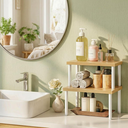 Cabinet Organizer Shelf, kitchen countertop organizer, Kitchen Storage, Spice Rack for cabinet, Stackable, Expandable, for Countertop,kitchen,cabinet, White and Natural WN15TL01