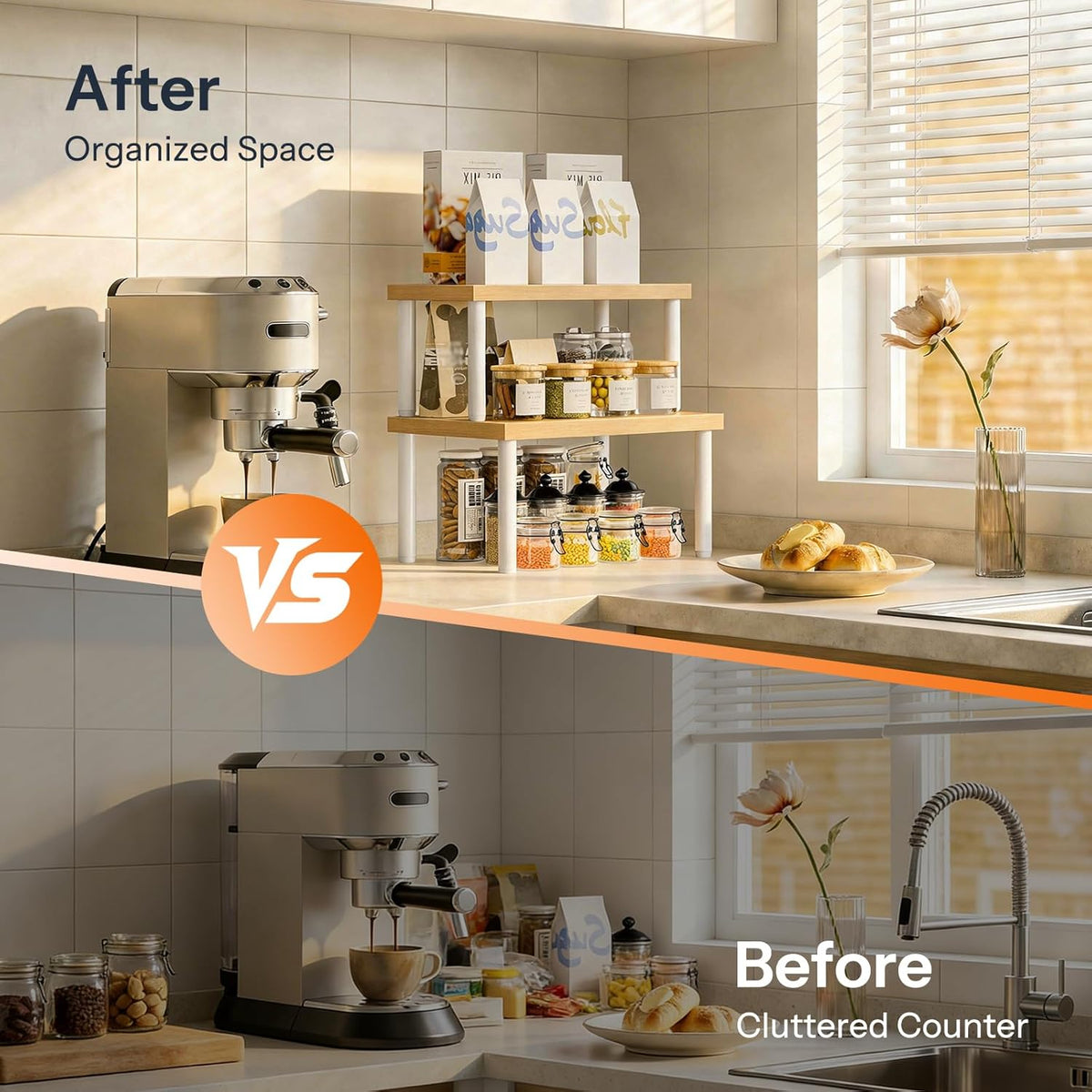 Cabinet Organizer Shelf, kitchen countertop organizer, Kitchen Storage, Spice Rack for cabinet, Stackable, Expandable, for Countertop,kitchen,cabinet, White and Natural WN15TL01