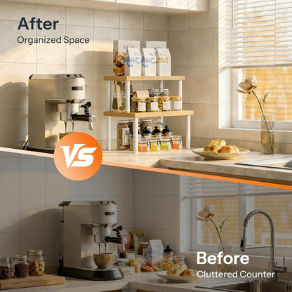 Cabinet Organizer Shelf, kitchen countertop organizer, Kitchen Storage, Spice Rack for cabinet, Stackable, Expandable, for Countertop,kitchen,cabinet, White and Natural WN15TL01