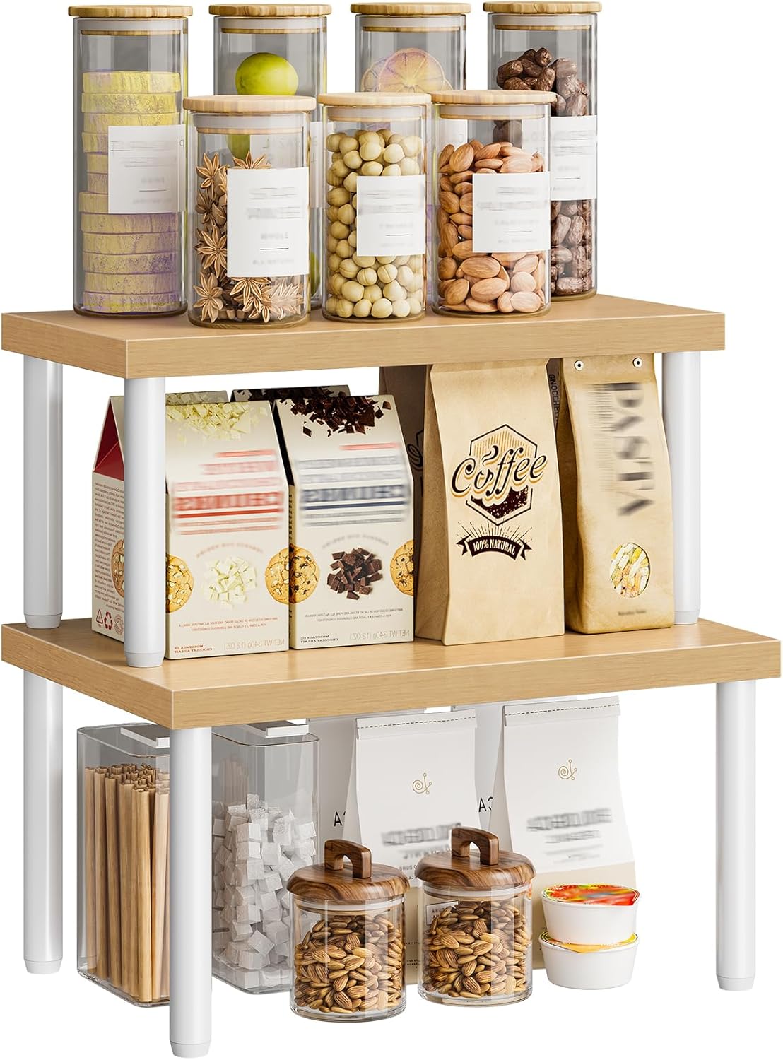Cabinet Organizer Shelf, kitchen countertop organizer, Kitchen Storage, Spice Rack for cabinet, Stackable, Expandable, for Countertop,kitchen,cabinet, White and Natural WN15TL01