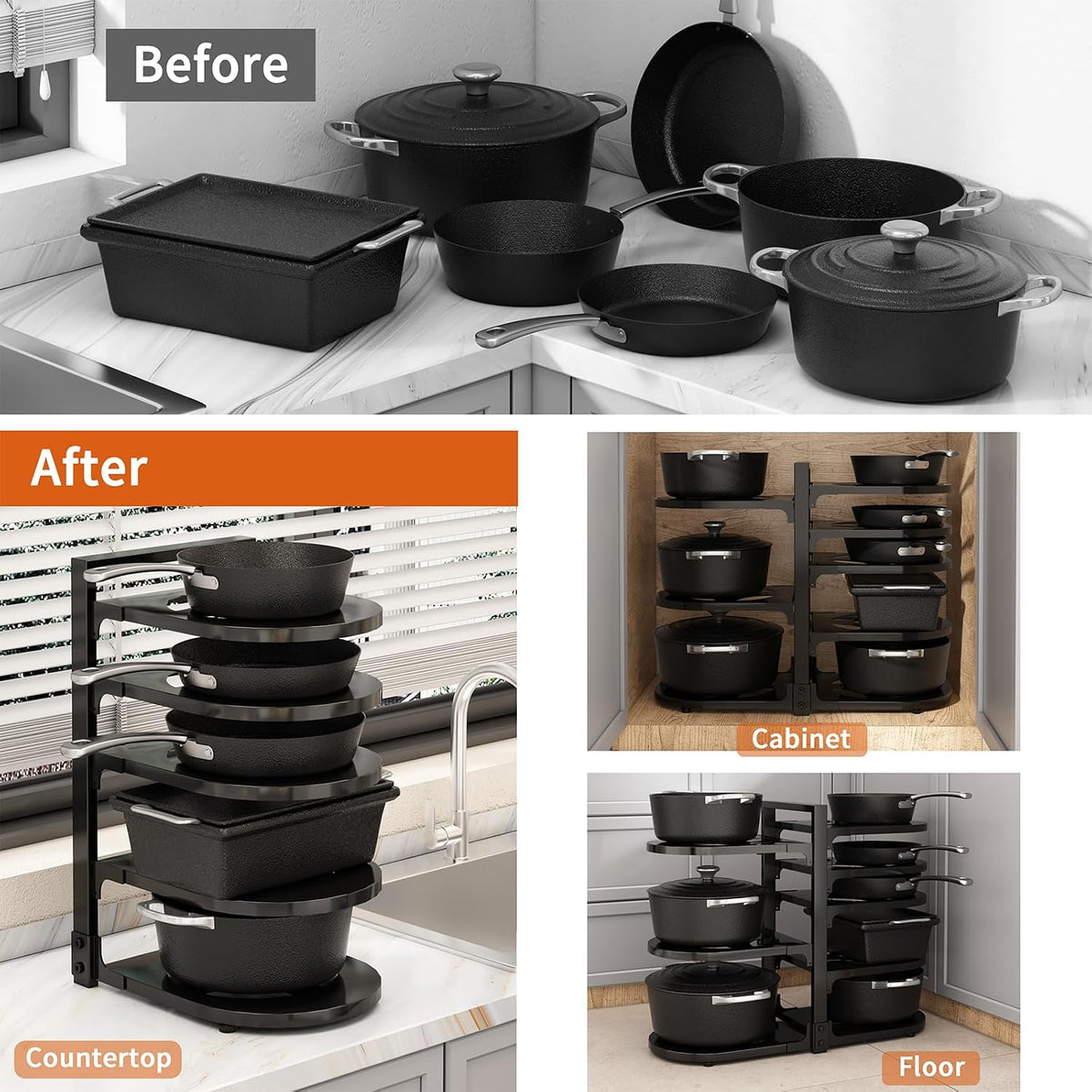 Adjustable Heavy Duty Pots and Pans Organizer Under Cabinet, 8-Tier Pot and Pan Organizers Inside Cabinet, Kitchen Cabinet Organizers and Storage, Black