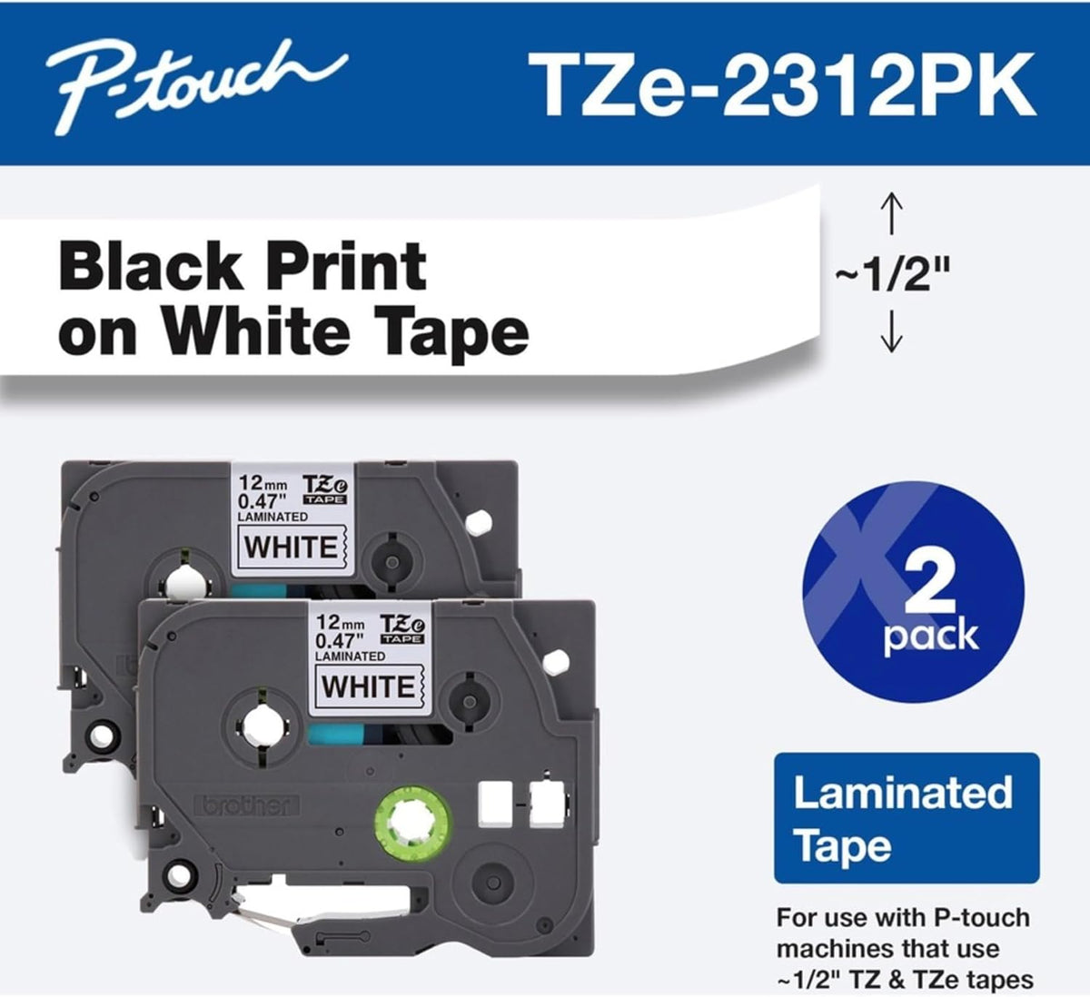 Genuine TZe231-1/2 2PK Black Print on White Label Tape. Each: 0.47 in x 26.2 ft Total: 0.47 in x 52.4 ft