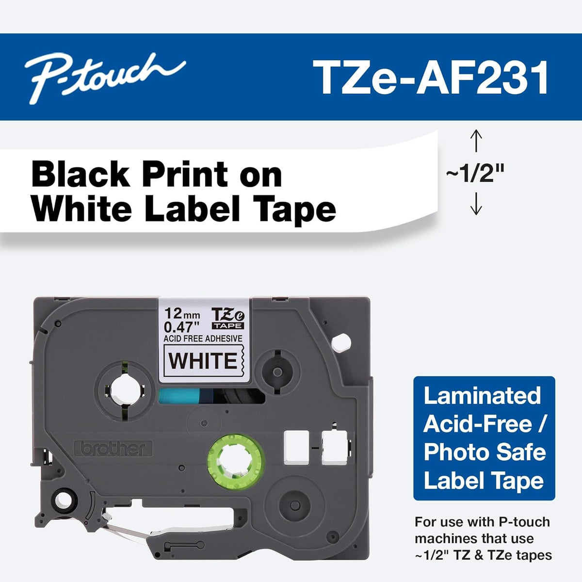 Genuine TZe231-1/2 2PK Black Print on White Label Tape. Each: 0.47 in x 26.2 ft Total: 0.47 in x 52.4 ft