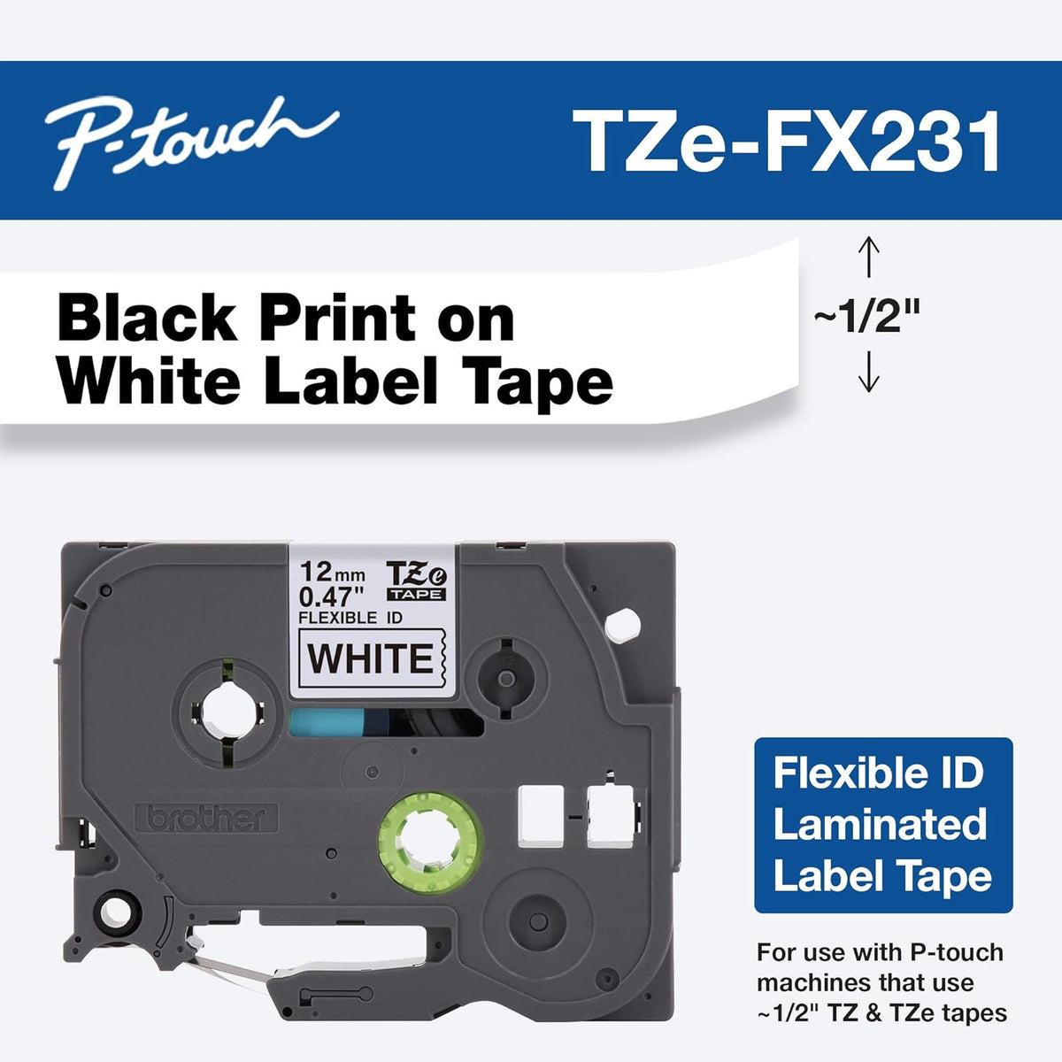 Genuine TZe231-1/2 2PK Black Print on White Label Tape. Each: 0.47 in x 26.2 ft Total: 0.47 in x 52.4 ft