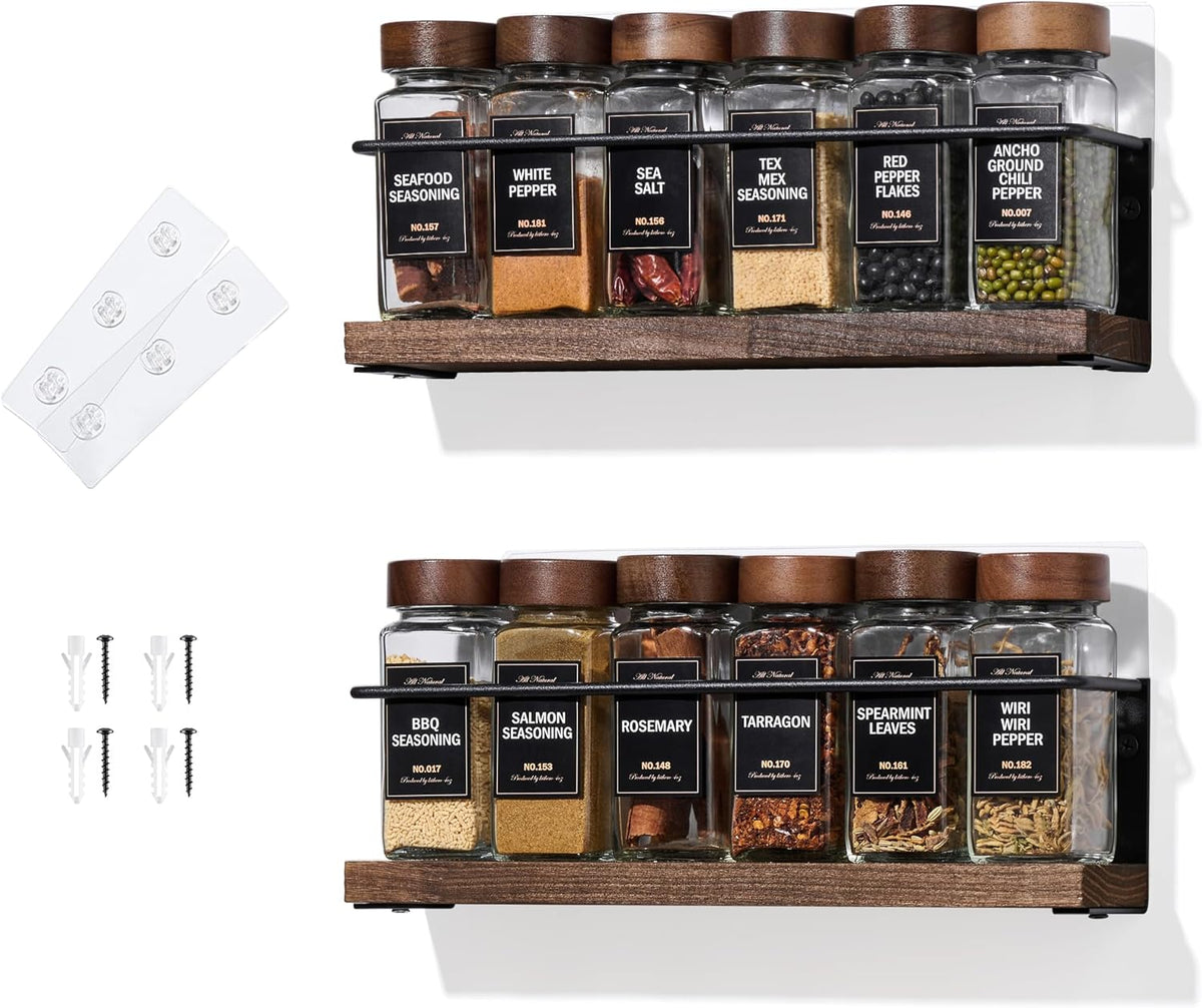 4-Tier Wall Mount Spice Rack Organizer with 24 Glass Jars, 216 Labels & Funnel - Screw/Adhesive Mount, Black Metal & Wood Spice Storage for Kitchen Pantry Cabinet, 11.6”L x 2.4”W x 3.2”H