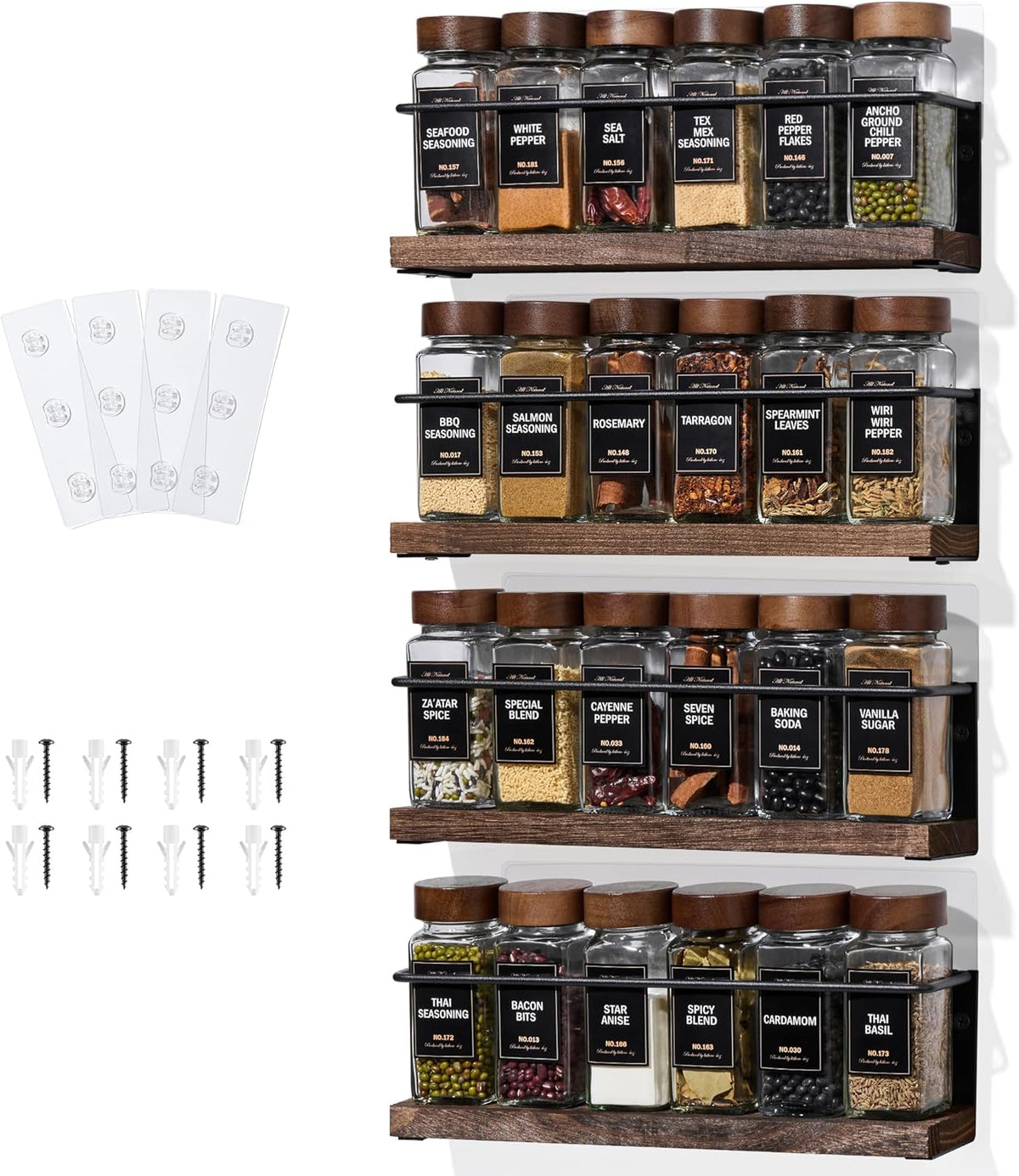 4-Tier Wall Mount Spice Rack Organizer with 24 Glass Jars, 216 Labels & Funnel - Screw/Adhesive Mount, Black Metal & Wood Spice Storage for Kitchen Pantry Cabinet, 11.6”L x 2.4”W x 3.2”H