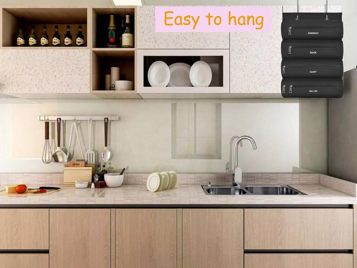 Zipper Bag Organizer Compatible with Gallon, Quart, Sandwich & Snack Food Storage Bag, Kitchen Plastic Bag Storage Organizer for Kitchen RV Camper (Black)