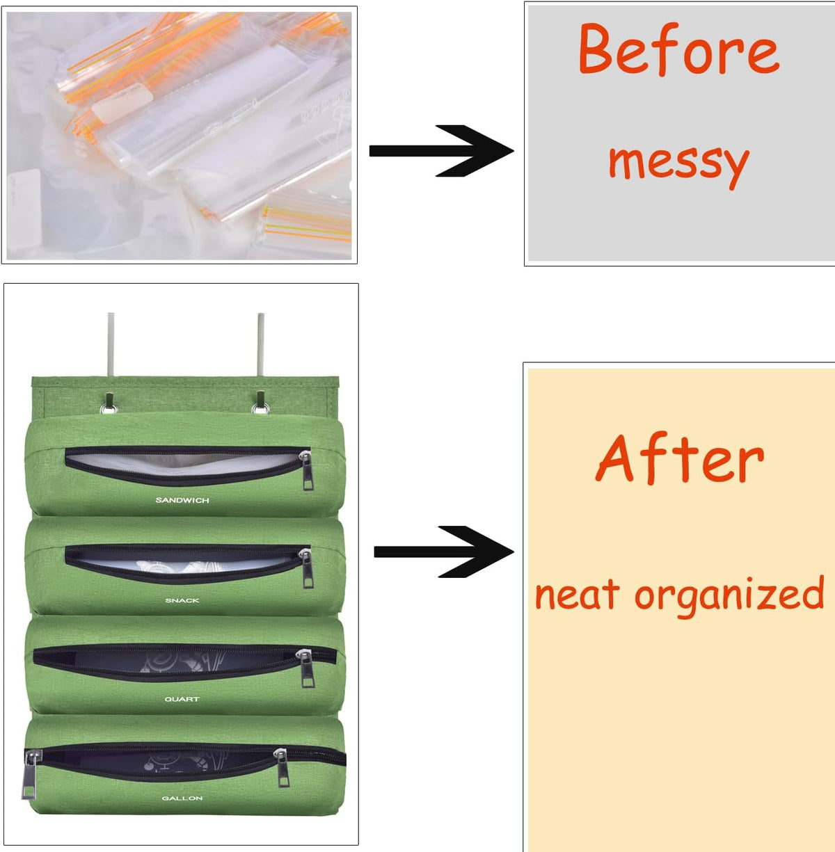 Zipper Bag Organizer Compatible with Gallon, Quart, Sandwich & Snack Food Storage Bag, Kitchen Plastic Bag Storage Organizer for Kitchen RV Camper (Black)