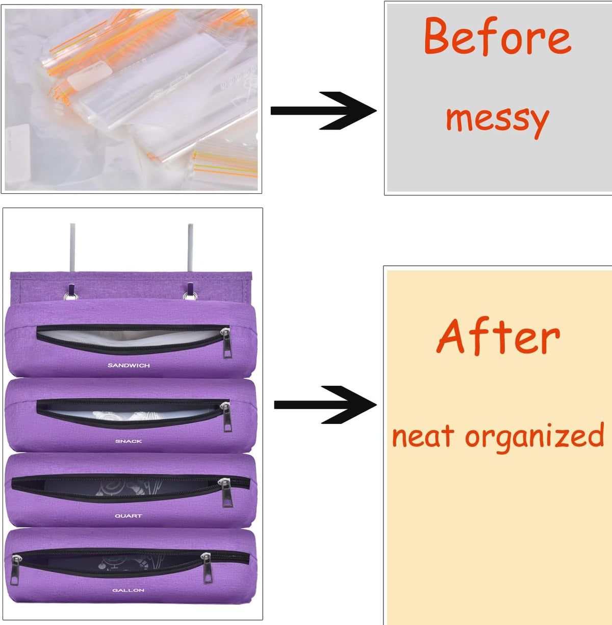 Zipper Bag Organizer Compatible with Gallon, Quart, Sandwich & Snack Food Storage Bag, Kitchen Plastic Bag Storage Organizer for Kitchen RV Camper (Black)
