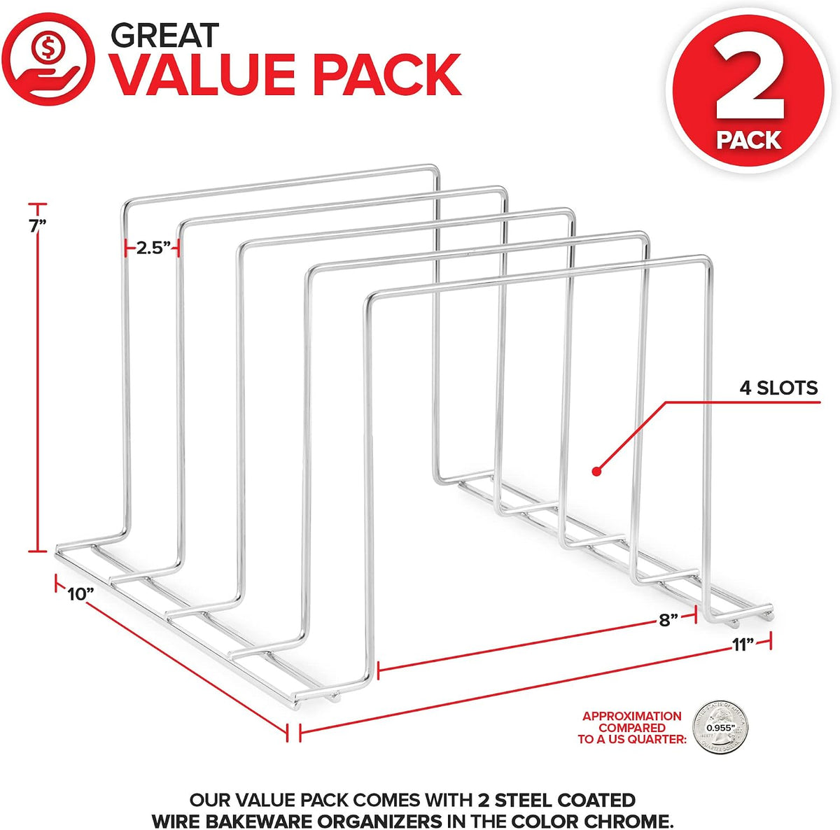Kitchen Cabinet Organizer, White (2 Pack) Steel Baking Sheet Holder with 4 Slots for Cabinet, Bakeware Organizer, Divider for Cutting Boards, Pot Lids, Pan Lids, Cookie Sheets