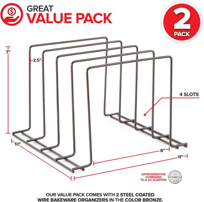 Kitchen Cabinet Organizer, White (2 Pack) Steel Baking Sheet Holder with 4 Slots for Cabinet, Bakeware Organizer, Divider for Cutting Boards, Pot Lids, Pan Lids, Cookie Sheets