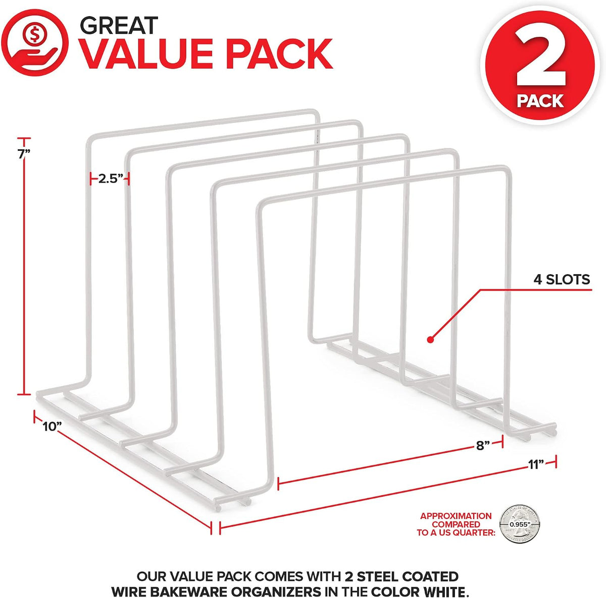 Kitchen Cabinet Organizer, White (2 Pack) Steel Baking Sheet Holder with 4 Slots for Cabinet, Bakeware Organizer, Divider for Cutting Boards, Pot Lids, Pan Lids, Cookie Sheets