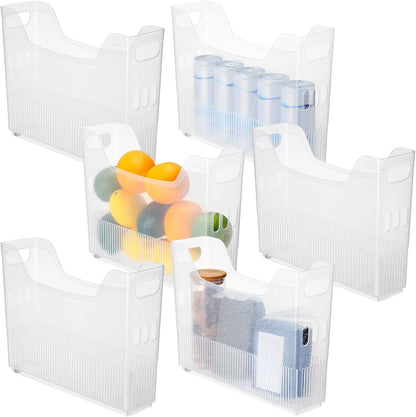 6 Plastic Freezer Organizer Bins with Wheel Set Clear Tall Narrow Kitchen Pantry Organizer Snack Storage Containers for Office Refrigerator(10 x 13.3 x 5.5 Inches)
