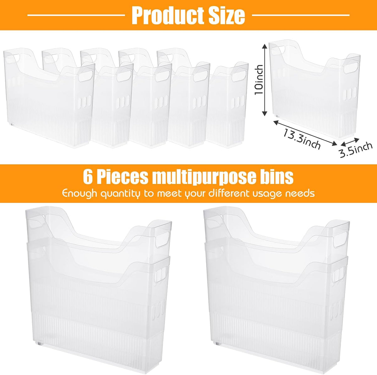 6 Plastic Freezer Organizer Bins with Wheel Set Clear Tall Narrow Kitchen Pantry Organizer Snack Storage Containers for Office Refrigerator(10 x 13.3 x 5.5 Inches)