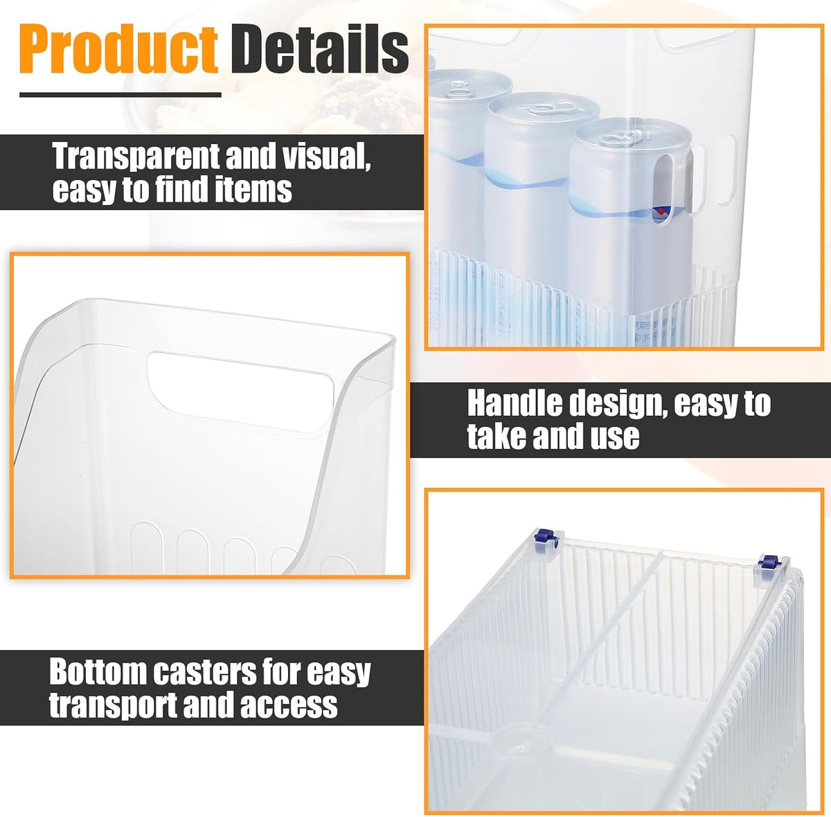 6 Plastic Freezer Organizer Bins with Wheel Set Clear Tall Narrow Kitchen Pantry Organizer Snack Storage Containers for Office Refrigerator(10 x 13.3 x 5.5 Inches)