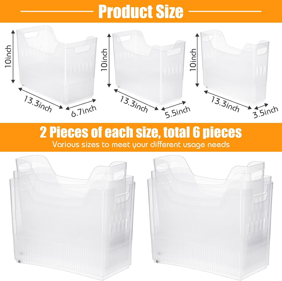 6 Plastic Freezer Organizer Bins with Wheel Set Clear Tall Narrow Kitchen Pantry Organizer Snack Storage Containers for Office Refrigerator(10 x 13.3 x 5.5 Inches)
