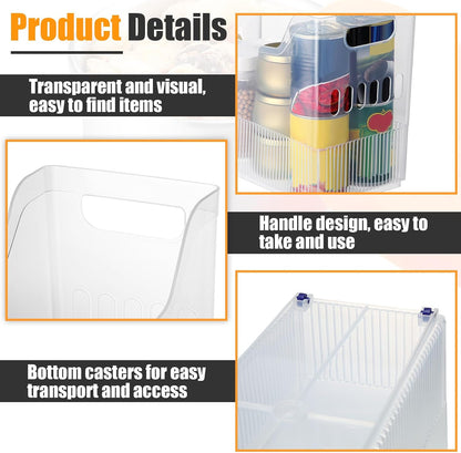 6 Plastic Freezer Organizer Bins with Wheel Set Clear Tall Narrow Kitchen Pantry Organizer Snack Storage Containers for Office Refrigerator(10 x 13.3 x 5.5 Inches)