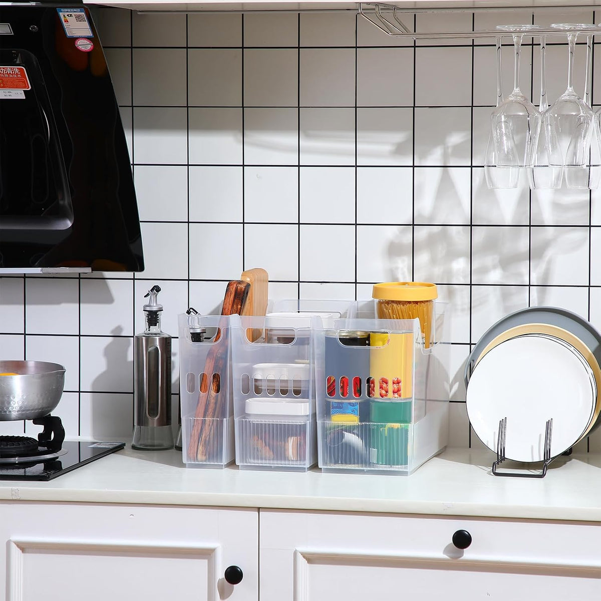 6 Plastic Freezer Organizer Bins with Wheel Set Clear Tall Narrow Kitchen Pantry Organizer Snack Storage Containers for Office Refrigerator(10 x 13.3 x 5.5 Inches)