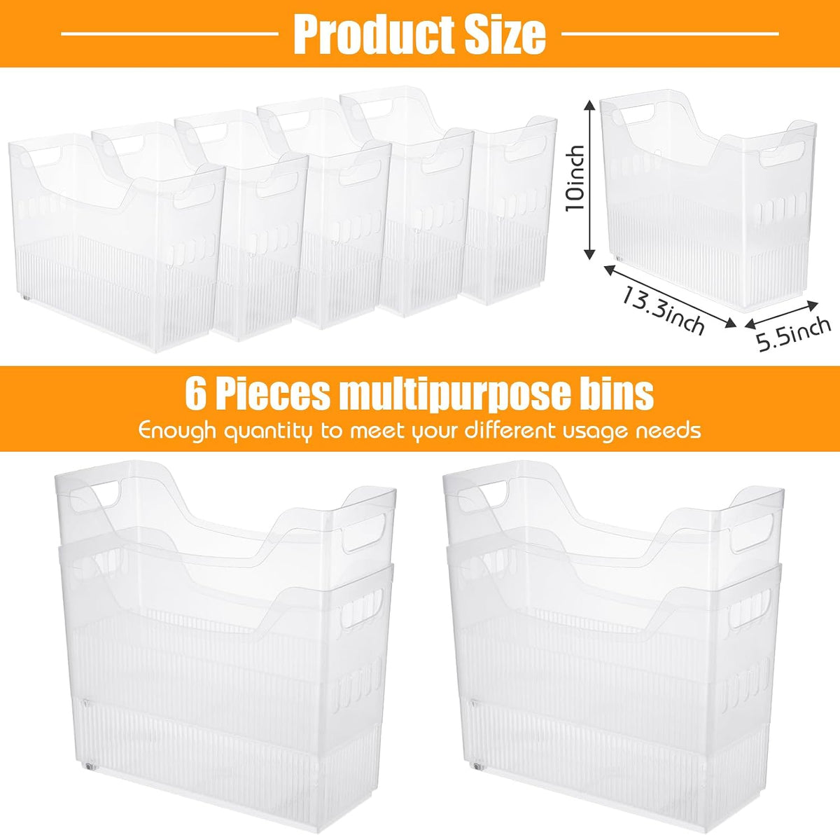 6 Plastic Freezer Organizer Bins with Wheel Set Clear Tall Narrow Kitchen Pantry Organizer Snack Storage Containers for Office Refrigerator(10 x 13.3 x 5.5 Inches)