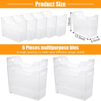 6 Plastic Freezer Organizer Bins with Wheel Set Clear Tall Narrow Kitchen Pantry Organizer Snack Storage Containers for Office Refrigerator(10 x 13.3 x 5.5 Inches)