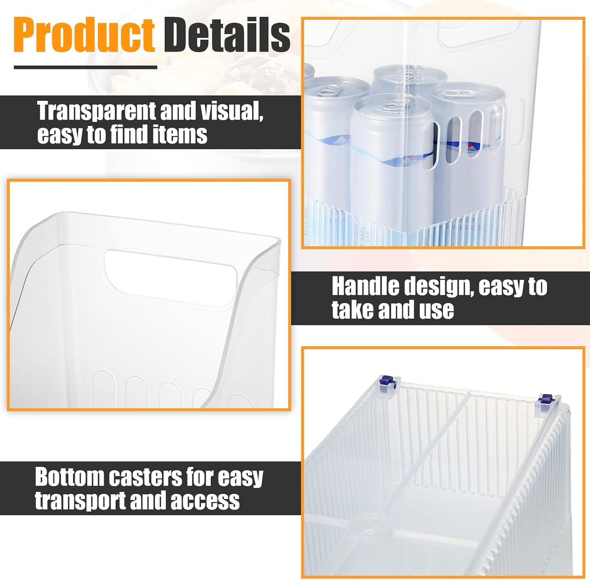 6 Plastic Freezer Organizer Bins with Wheel Set Clear Tall Narrow Kitchen Pantry Organizer Snack Storage Containers for Office Refrigerator(10 x 13.3 x 5.5 Inches)