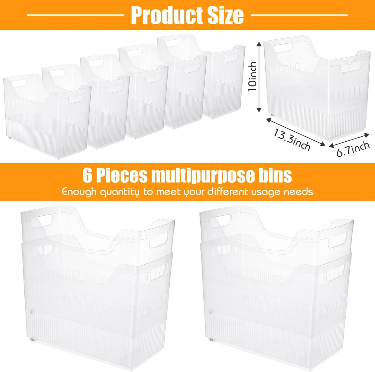 6 Plastic Freezer Organizer Bins with Wheel Set Clear Tall Narrow Kitchen Pantry Organizer Snack Storage Containers for Office Refrigerator(10 x 13.3 x 5.5 Inches)