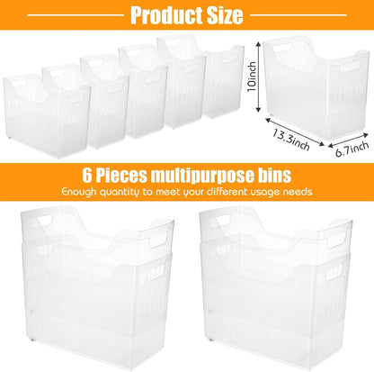 6 Plastic Freezer Organizer Bins with Wheel Set Clear Tall Narrow Kitchen Pantry Organizer Snack Storage Containers for Office Refrigerator(10 x 13.3 x 5.5 Inches)