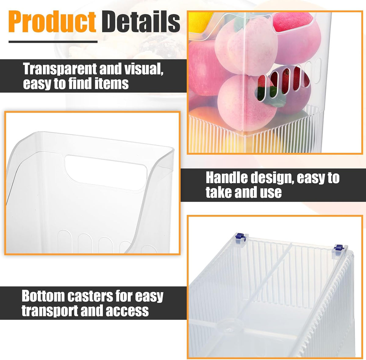 6 Plastic Freezer Organizer Bins with Wheel Set Clear Tall Narrow Kitchen Pantry Organizer Snack Storage Containers for Office Refrigerator(10 x 13.3 x 5.5 Inches)