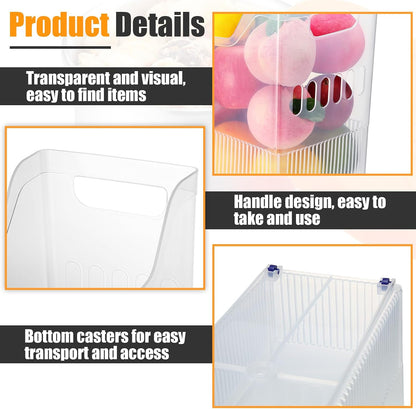 6 Plastic Freezer Organizer Bins with Wheel Set Clear Tall Narrow Kitchen Pantry Organizer Snack Storage Containers for Office Refrigerator(10 x 13.3 x 5.5 Inches)